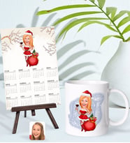 BK Gift Kişiye Özel Kadın Yılbaşı Karikatürlü Kupa Bardak ve 13x18cm Fotoğraf Kartlı Şövaleli 2024 Takvim Hediye Seti-1