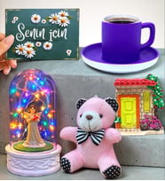 Mor Kahve Fincanlı Renkli Led Işıklı Fanuslu Hediye Seti (Model 5)