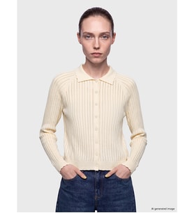 LCW Modest Ekru Polo Yaka Ajurlu Kadın Triko Hırka