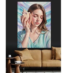 Deniz Kabuğu Dinleyen Kadın Dekoratif Kanvas - Mdf Ahşap Tablo