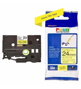 PUUN®Brother P-Touch TZE-FX651 24MM x 8m Sarı Üzerine Siyah Esnek Muadil Laminasyon Etiket Şeridi (Çok Renkli)