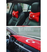Türk Bayraklı Ayyıldız Desenli Torpido Koruma Örtüsü & Dijital Baskılı Araç Seyahat Boyun Yastığı (Kırmızı)