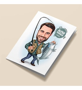 Kişiye Özel Balık Tutan Erkek Karikatürlü Tebrik Kartı