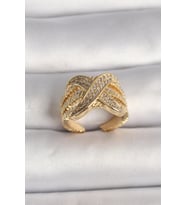 Pirinç Gold Renk Ayarlanabilir Zirkon Taşlı X Model Kadın Yüzük