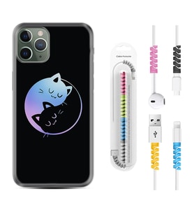 Apple iPhone 11 12 13 14 Pro Max Kılıf Kablo Koruma Spiral Silikon Love Cats 1604