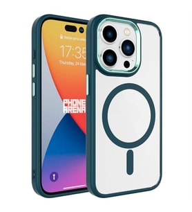 Coverzone iPhone 15 Pro ile uyumlu K?l?f Wireless ?arj �zellikli Metal buton Z-Krom MagSafe ile uyumlu ?effaf Transparan Double Color Silikon Kapak Koyu Ye?il