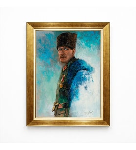 Tablore Giyense Modern Sanat Atatürk Tablosu - Soyut Turkuaz Arka Planlı Üniformalı Atatürk Portresi -