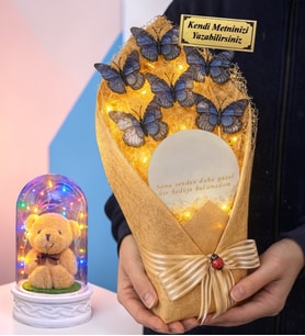 Size Özel Led Işıklı Aynalı Mavi Kelebek Buketi ve Renkli Işıklı Biblolu Fanus (Model 9)