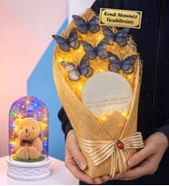 Size Özel Led Işıklı Aynalı Mavi Kelebek Buketi ve Renkli Işıklı Biblolu Fanus (Model 9)