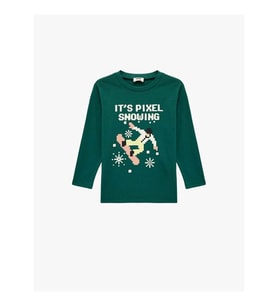Koton Bisiklet Yaka Yılbaşı Baskılı Yeşil Erkek Çocuk Uzun Kollu T-shirt 6WKB10380TK