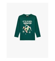 Koton Bisiklet Yaka Yılbaşı Baskılı Yeşil Erkek Çocuk Uzun Kollu T-shirt 6WKB10380TK