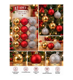 Yeni Yıla Özel 12 Parça Yılbaşı Çam Ağacı Süs Topları Sarı Kırmızı ve Gümüş Renkli Noel Süs Topları