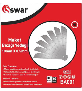 18 mm x 0,5 mm, Karbon Çelik, Ultra Keskin, Dayanıklı Uç, 7 Kırımlı, Endüstriyel Kesici Bıçak, Yedek Parça, İnce Detay Kesim (Kutulu, Adet, 100)