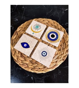 Taş Bardak Altlığı 4'lü Set 10x10x1 Cm Nazar Boncuğu Desenli