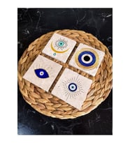 Taş Bardak Altlığı 4'lü Set 10x10x1 Cm Nazar Boncuğu Desenli