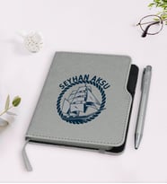 BK Gift Kişiye Özel Gemi Tasarımlı Gri Termo Deri Defter Kalem Seti-1