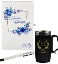Kişiye Özel Tasarım Hediye Defter Kalem Ve Siyah Termos Mug Seti