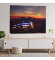 Gün Batımı Deniz Manzaralı Bmw Araba Dekoratif Kanvas Tablo
