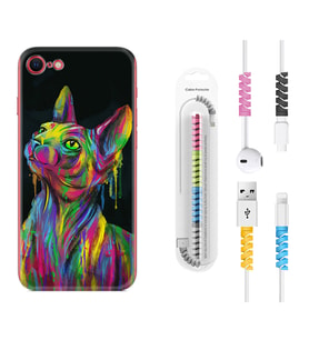 Apple iPhone 5 6 7 8 Plus Se XR Kılıf Kablo Koruma Spiral Silikon Color Cat 1754