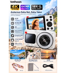 4K Dijital Fotoğraf Makinesi 18X Dijital Zoom 64 MP Ön ve Arka Ekranlı Kompakt Kamera