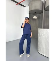 Osy Modal Yumuşak Dokulu Kumaş Kısa Kollu Bluz Rahat Pantalon Ikili Takım- Lacivert