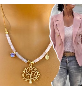 Manna by Banu, PİNK DREAMS TREE Kolye, Doğal Taş, Pembe Kuvars, Altın Kaplama, El Yapımı, Kadın Gerdanlık