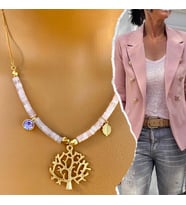 Manna by Banu, PİNK DREAMS TREE Kolye, Doğal Taş, Pembe Kuvars, Altın Kaplama, El Yapımı, Kadın Gerdanlık