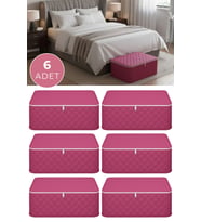 6 Adet Fuşya Kapitoneli Fermuarlı Büyük Boy Baza Altı Hurç - 65x45x22 cm - Organizer