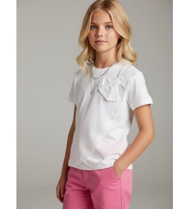 Kız Çocuk Fiyonk Detaylı Basic T-shirt (Beyaz)