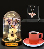 Kişiye Özel Led Işıklı Fanus, Türk Kahvesi Fincanı ve Anka Kuşu Kolye (Model 1)