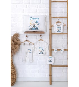 Pia Baby Premium %100 Pamuk İsme Özel Erkek Bebek Hediye Seti Zıbın Yastık Kılıfı 5056-06 (Ekru)