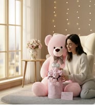 Premium 90 cm Peluş Ayı ve Silindir Pembe Kalpli Kutuda, Kalpli Balonlu 6’lı Pembe Ayıcık Buketi
