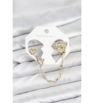 Pirinç Gold Renk Kalp Model Zincir Bağlantılı Ear Cuff Küpe Seti - TJ-BKP11541