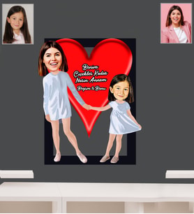 Kişiye Özel Anneler Günü Anne Kız Karikatürlü Kalpli 3D Ahşap Tablo Model-1