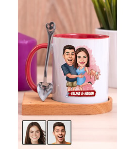 Sevgiliye Hediye Evlenme Teklifi Temalı Karikatürlü Ahşap Altlıklı Kırmızı Kupa Bardak