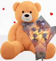 Büyük 90 cm Peluş Ayı ve LED Işıklı Pembe Balonlu Romantik Peluş Ayıcık Buketi – Sevgililer Günü Özel Gün Hediyesi (Kahverengi Açık)