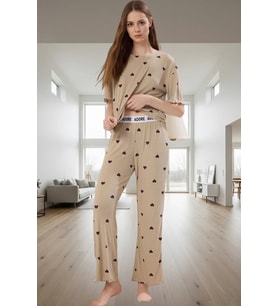 Rahat Örme Pijama Takımı Kalpli Desenli 2 Parça Regular Kalıp Modern Stil Zarifane Tasarım (Mint)