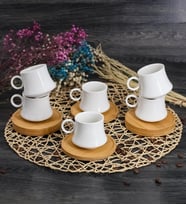 6'lı Bambu Tabaklı Porselen Türk Kahve Fincan Takımı 12 Parça Beyaz