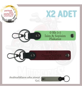 Motorcu Yolculara, İsim Plaka ve 0 + Kan Grubu Yazılı Güvenli Sürüş Anahtarlık x2, F Yeşil-Bordo-Gr (Çok Renkli)