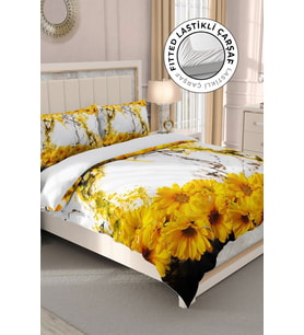 Lastikli Çarşaflı %100 Pamuk Saten Çift Kişilik Nevresim Takımı Yellow Daisy