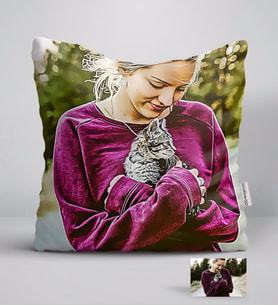 BK Gift Kişiye Özel Tam Boy Kedi ve Kız Karikatürlü Beyaz Yastık-1