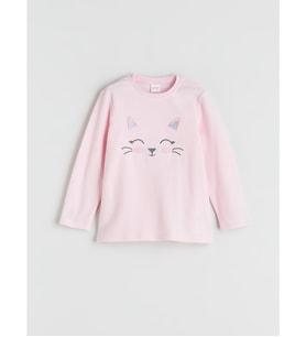 LCW Kids Pembe Kedi İşlemeli Kız Çocuk Pijama Üst