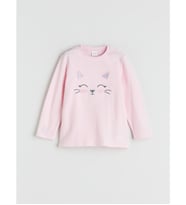 LCW Kids Pembe Kedi İşlemeli Kız Çocuk Pijama Üst