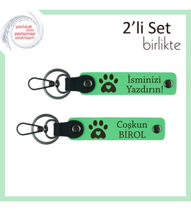 Kedi Sever Eşe Uygun Tasarım, Kalpli Pati Temalı Deri Anahtarlık Seti, Fıstık Yeşil-Fıstık Yeşil