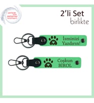 Kedi Sever Eşe Uygun Tasarım, Kalpli Pati Temalı Deri Anahtarlık Seti, Fıstık Yeşil-Fıstık Yeşil