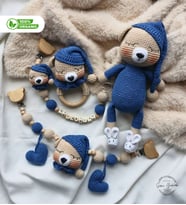 Sarı Yumak Organik El Yapımı Amigurumi Ayıcık Seti - Çıngırak, Oyuncak, Emzik Zinciri ve Puset Askısı (Yenidoğan Hediyesi)