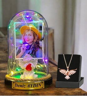 Kişiye Özel Renkli Led Işıklı Fanus ve Zümrüdü Anka Kuşu Kolyesi (Model 4)