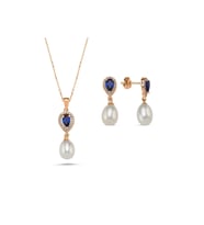 Damla Safir Doğal İnci Sallantı Küpe Kolye İkili Set (Rose)