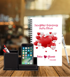 Sevgililer Gününe Özel Ahşap Defter Kalem & Deri Kaplama Kalemlik Hediye Seti 31
