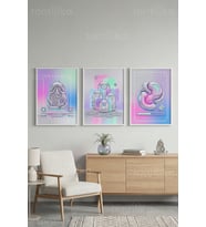 Siber Geometrik Fütüristik Sanat 3’lü Ahşap Çerçeveli Tablo Seti